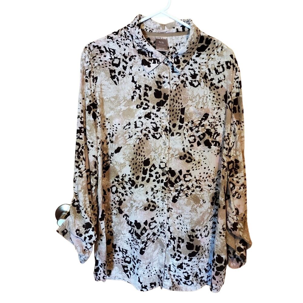 White Stag Womens Sz XL Button Down‎ Blouse Animal Print Roll Sleeves Brown Pink